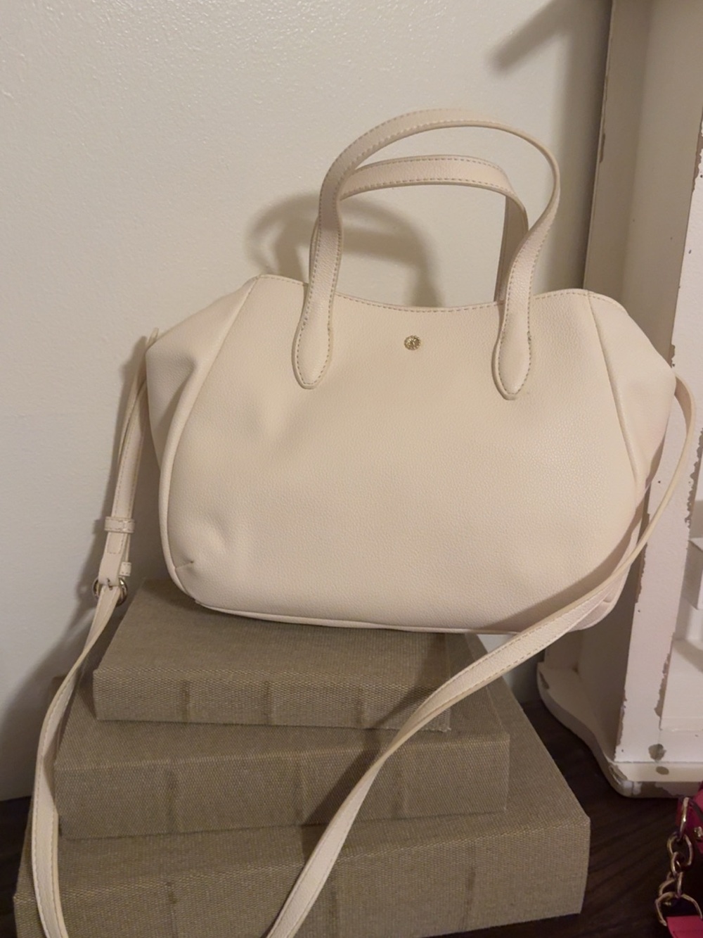 LC Lauren Conrad Cream Pebbled Satchel with Detachable Strap